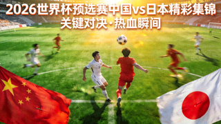 2026世界杯预选赛中国vs日本精彩集锦封面，绿色球场与红色国旗元素